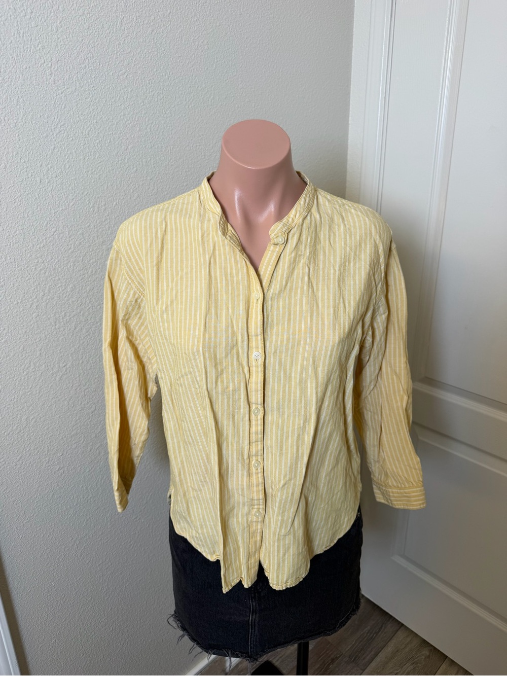 Uniqlo Pale Yellow Linen Blend Striped Button-Down Shirt